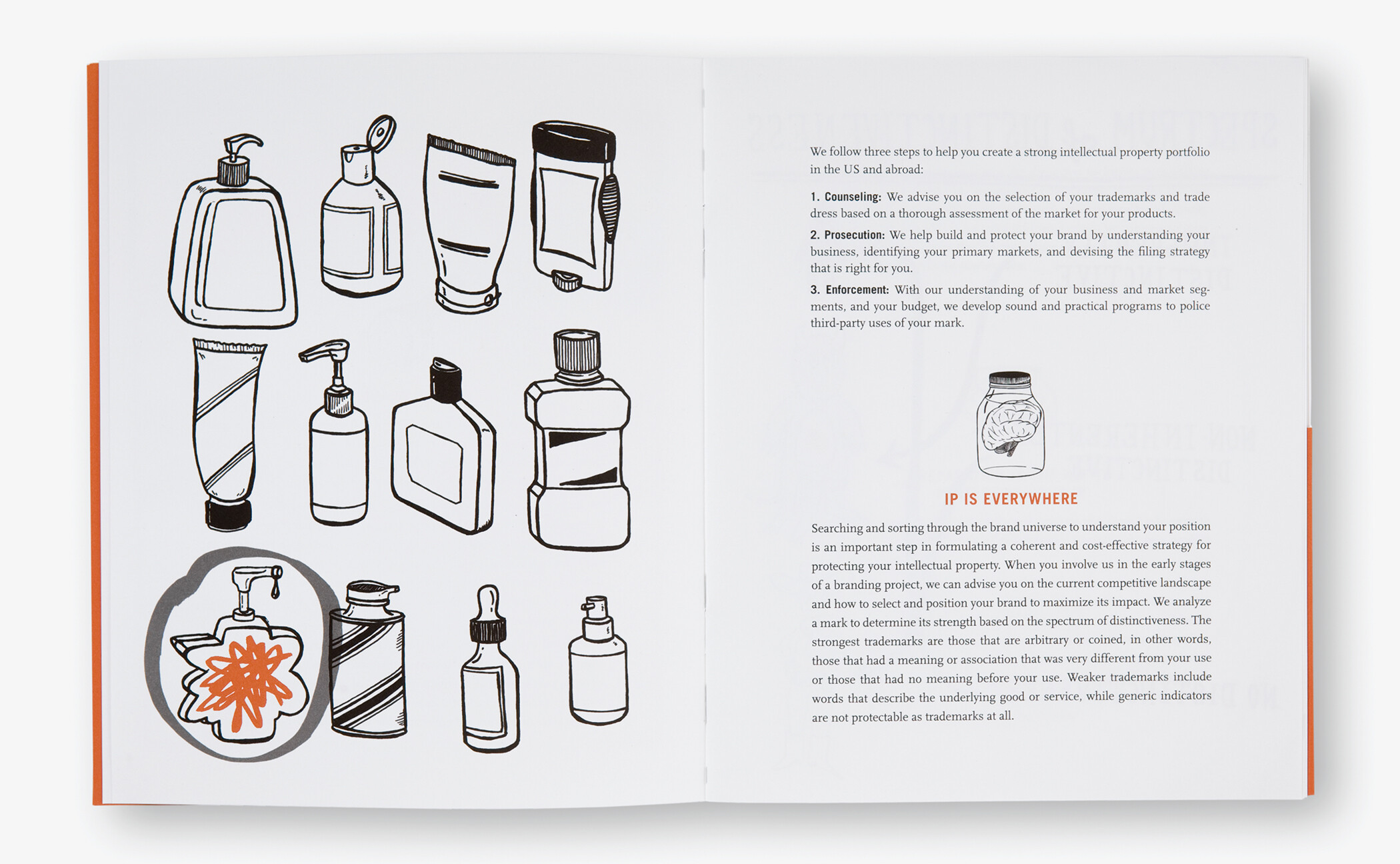 Pages from the Ballard Spahr brochure with illustrations of common bathroom items and the title, IP is everywhere.