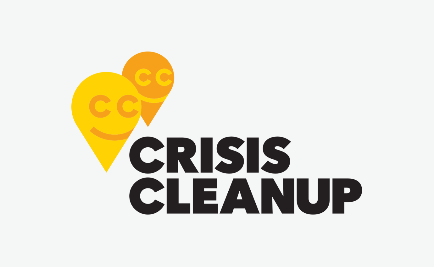 The logotype of Crisis Cleanup, and the orange and yellow droplet-shaped brand symbol.