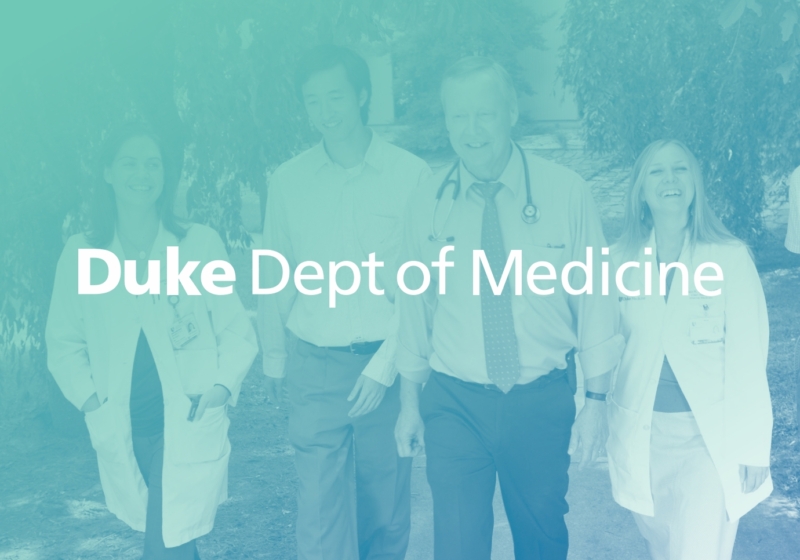 Duke University Department of Medicine logotype in white over a green tinted photo of a group of faculty and students walking